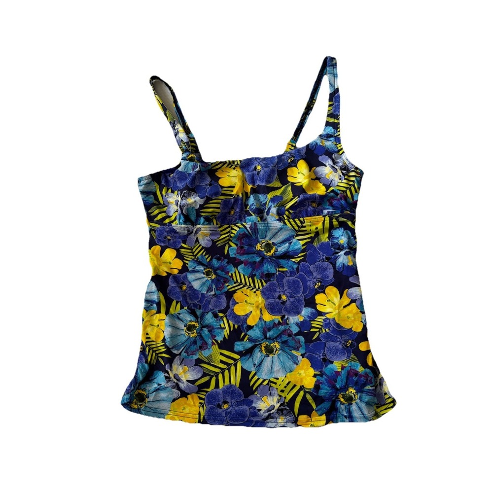 Lands End Blue yellow Floral Orchid Printed Underwire Swim Bathing Tankini Top 6